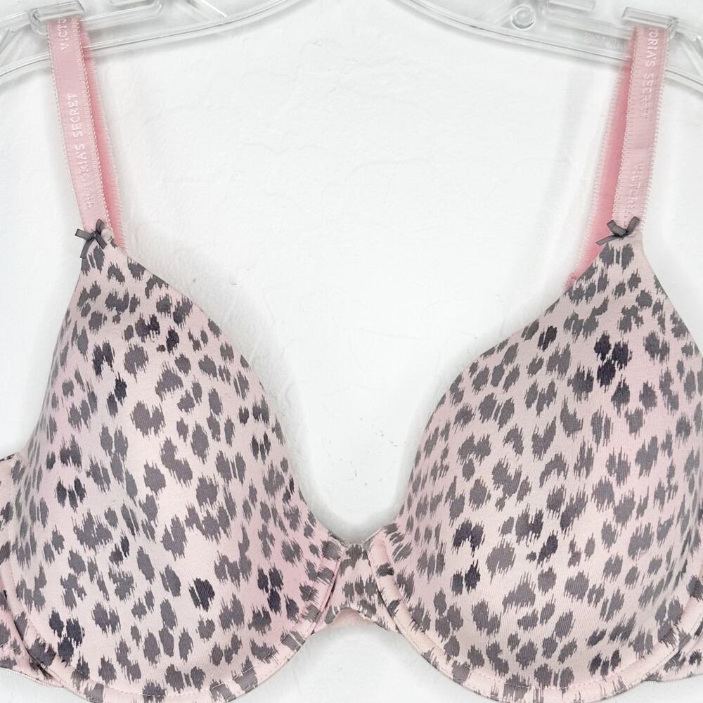 Victorias Secret Perfect Coverage Bra Pink Grey Snow Leopard US36D EUC Soft Girl